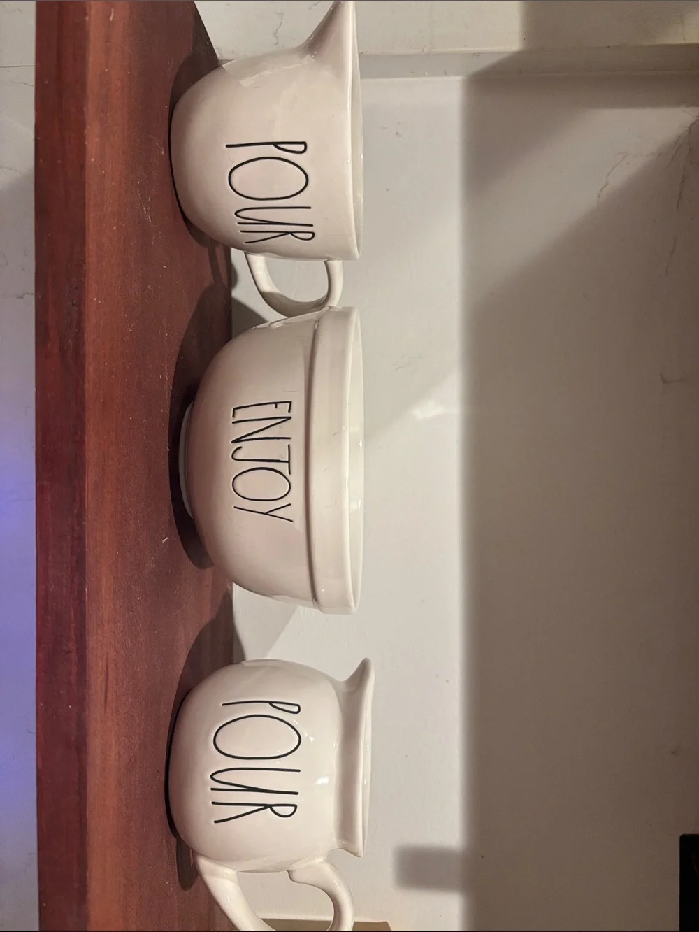 Rae Dunn White Ceramic 'Enjoy' Bowl with Two 'Pour' Creamers